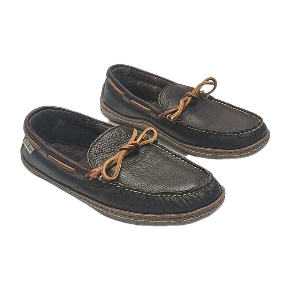 LL Bean Slipper Driving Loafer Men Sz 9 Brown Leather Flannel Line Moccasin Shoe